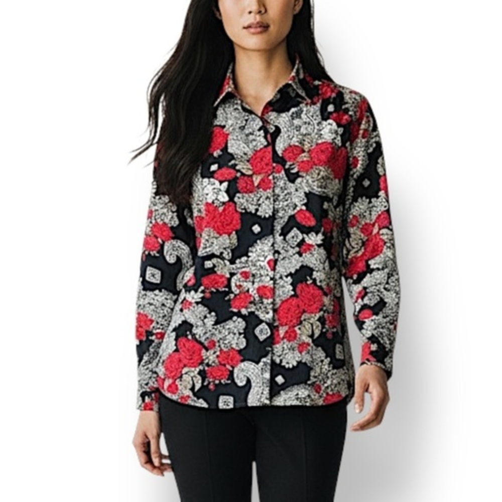 4/$20 Alfred Dunner Floral Rose Button Front Blouse Black Red White Size 10